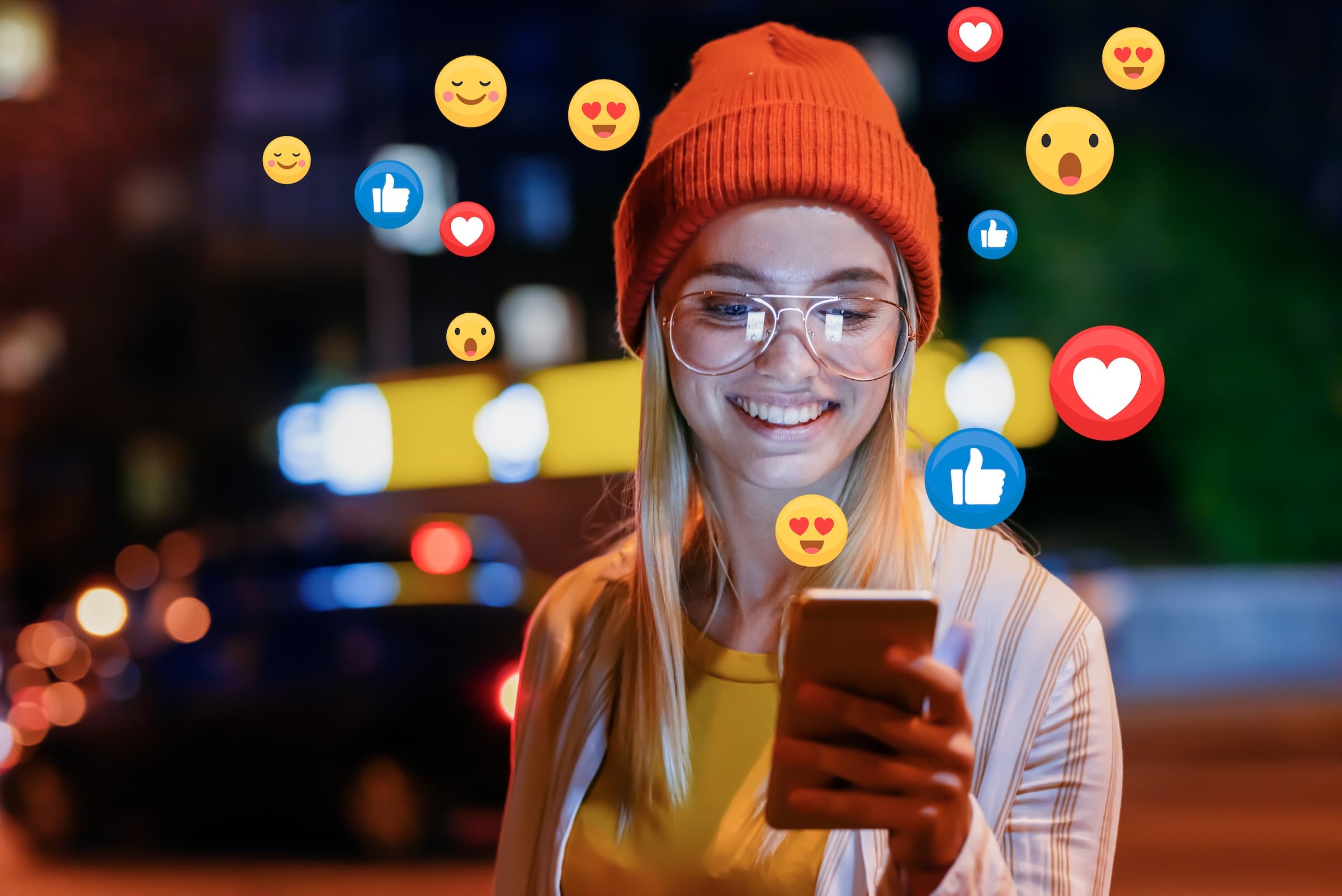 Young buyer scrolling a phone with social reactions and engagement icons floating up — opinions are forming long before sales
